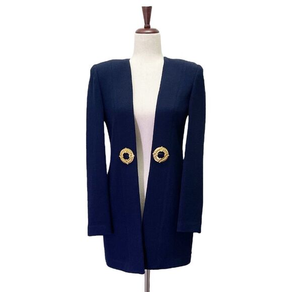 St. John Collection Santana Knit Longline Jacket Blazer Navy Gold Buttons Size 2 - Picture 1 of 12